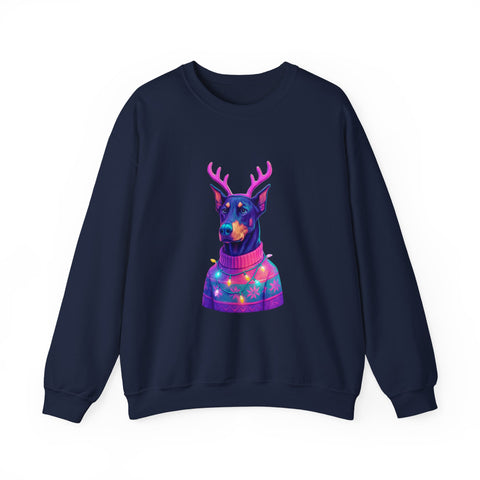 Vibrant Doberman Antlers Sweatshirt, Quirky Animal Crewneck, Cozy Holiday Gift, Fun Winter Apparel, Casual Style Top