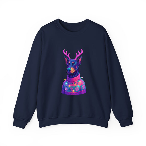 Vibrant Doberman Antlers Sweatshirt, Quirky Animal Crewneck, Cozy Holiday Gift, Fun Winter Apparel, Casual Style Top
