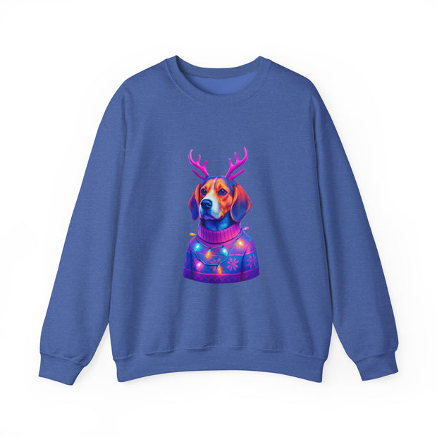 Beagle with Reindeer Antlers Sweatshirt | Colorful Holiday Dog Illustration