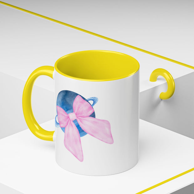 Blue Saturn Wrapped In A Pink Bow Accent Coffee Mug