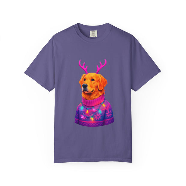 Golden Retriever with Antlers sweater T-Shirt | Neon Holiday Dog Design