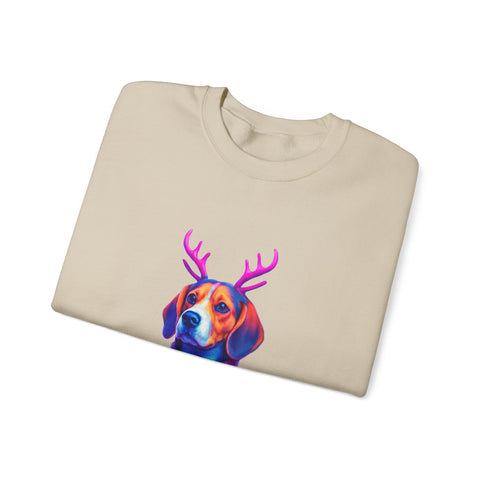 Beagle with Reindeer Antlers Sweatshirt | Colorful Holiday Dog Illustration