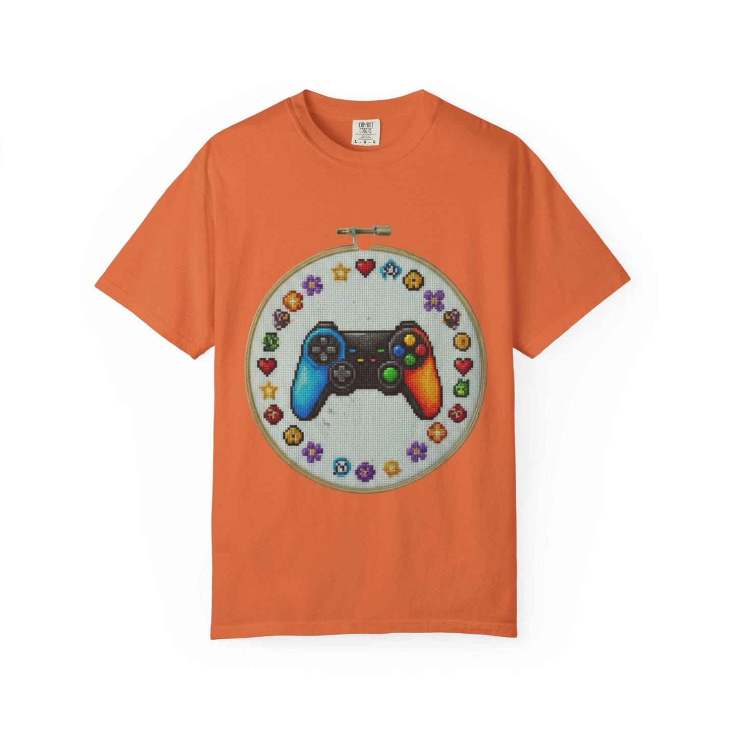 Rainbow Game Controller embroidery hoop T-Shirt | Gamer cross stitch design