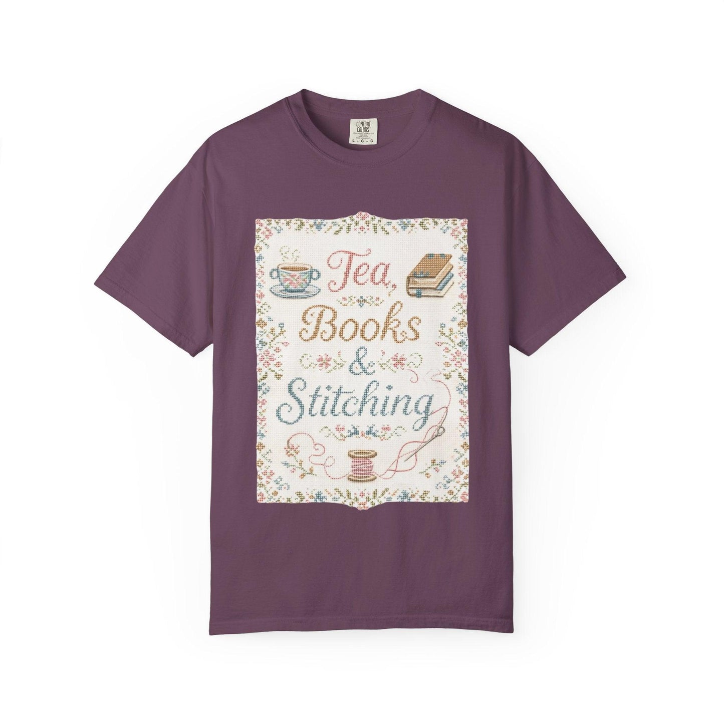 Tea Books & Stitching T-shirt | Reading, Sewing, Cozy Hobby Design