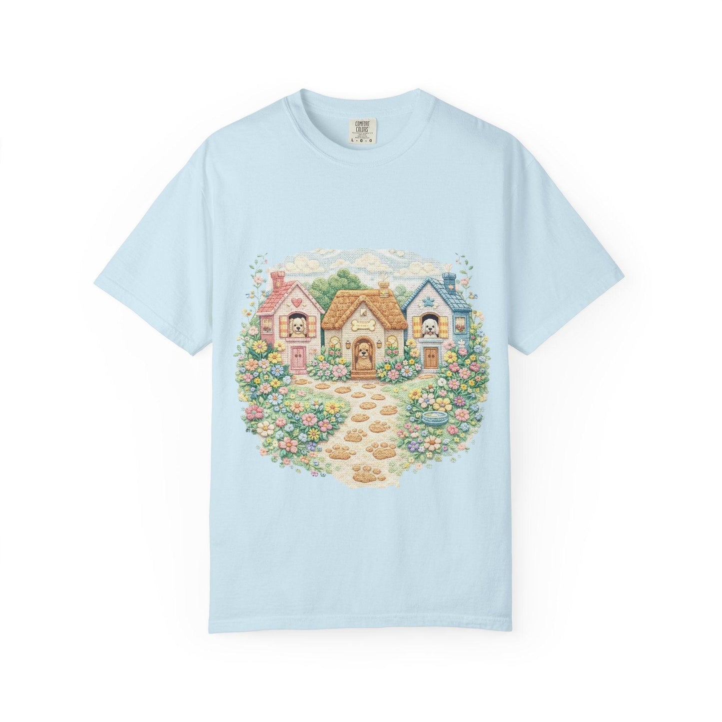 Cute Cottage Row illustration T-shirt | pastel village floral path