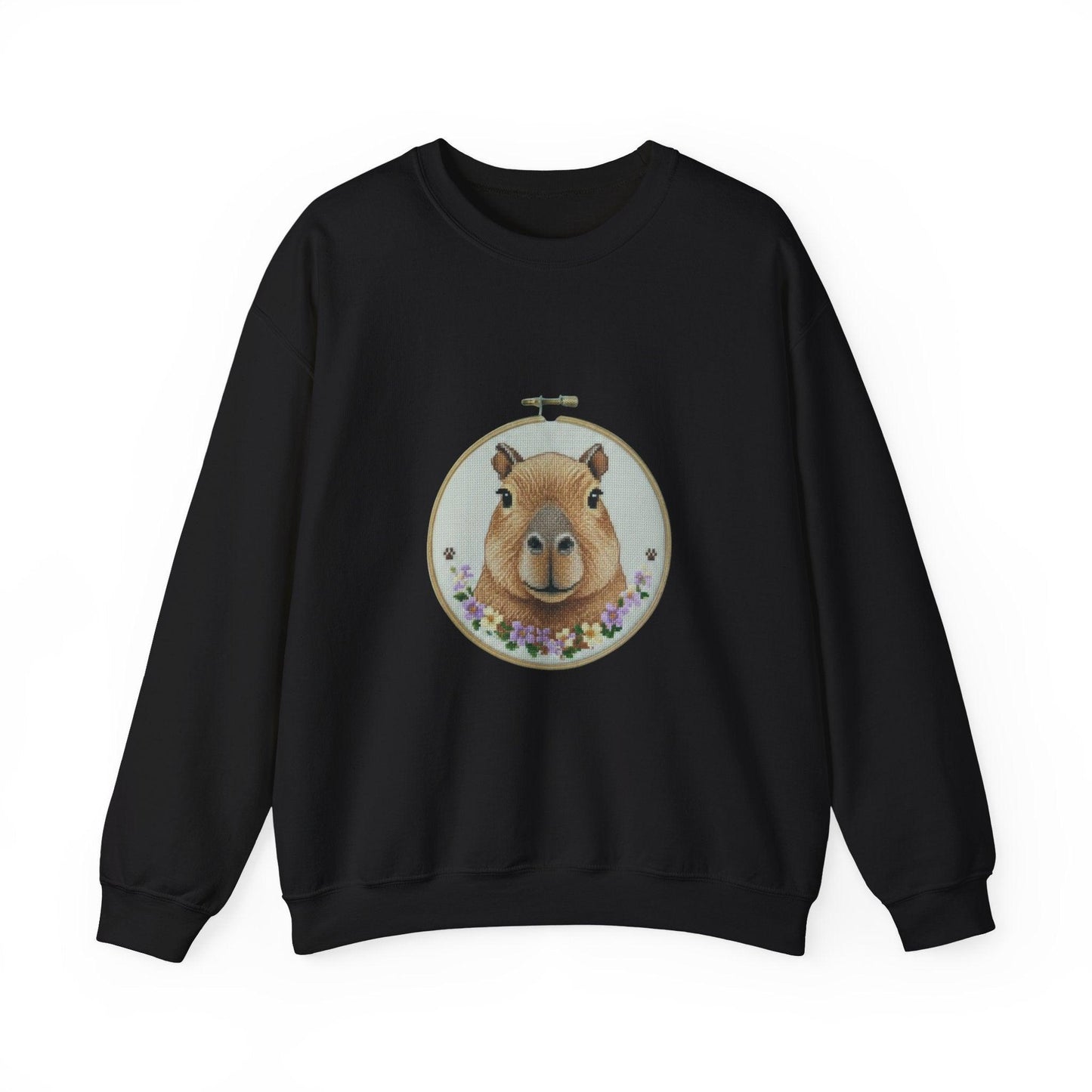 Cute Capybara Portrait Crewneck Sweatshirt | Floral Wreath Animal Art