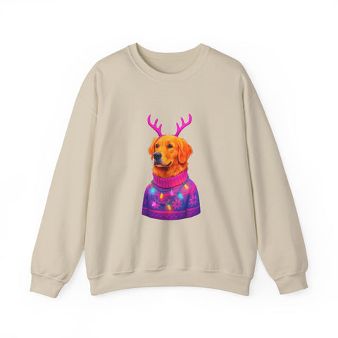 Golden Retriever in Festive Sweater Sweatshirt | Reindeer Antlers Holiday Dog