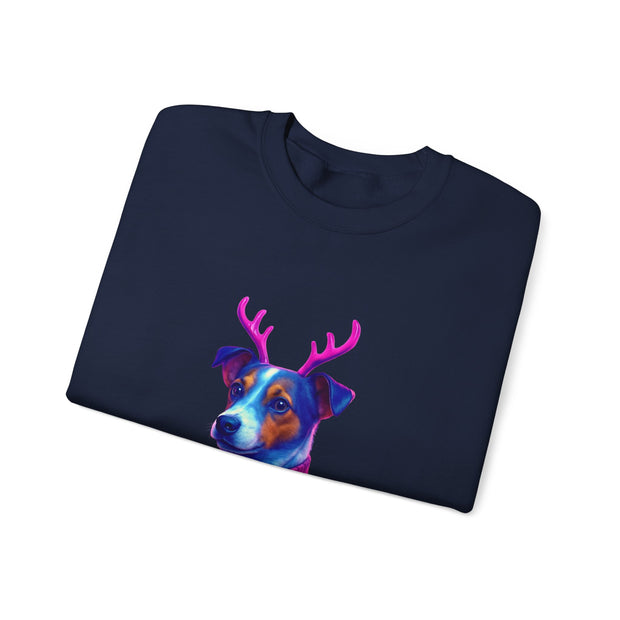 Neon Jack Russell in Reindeer Antlers Sweatshirt | Holiday Pet Portrait