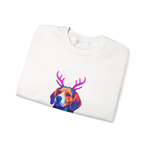 Beagle with Reindeer Antlers Sweatshirt | Colorful Holiday Dog Illustration