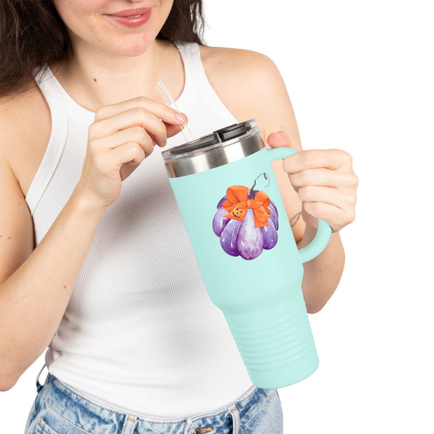Purple Pumpkin Wrapped In A Bow Insulated Travel Mug, 40oz
