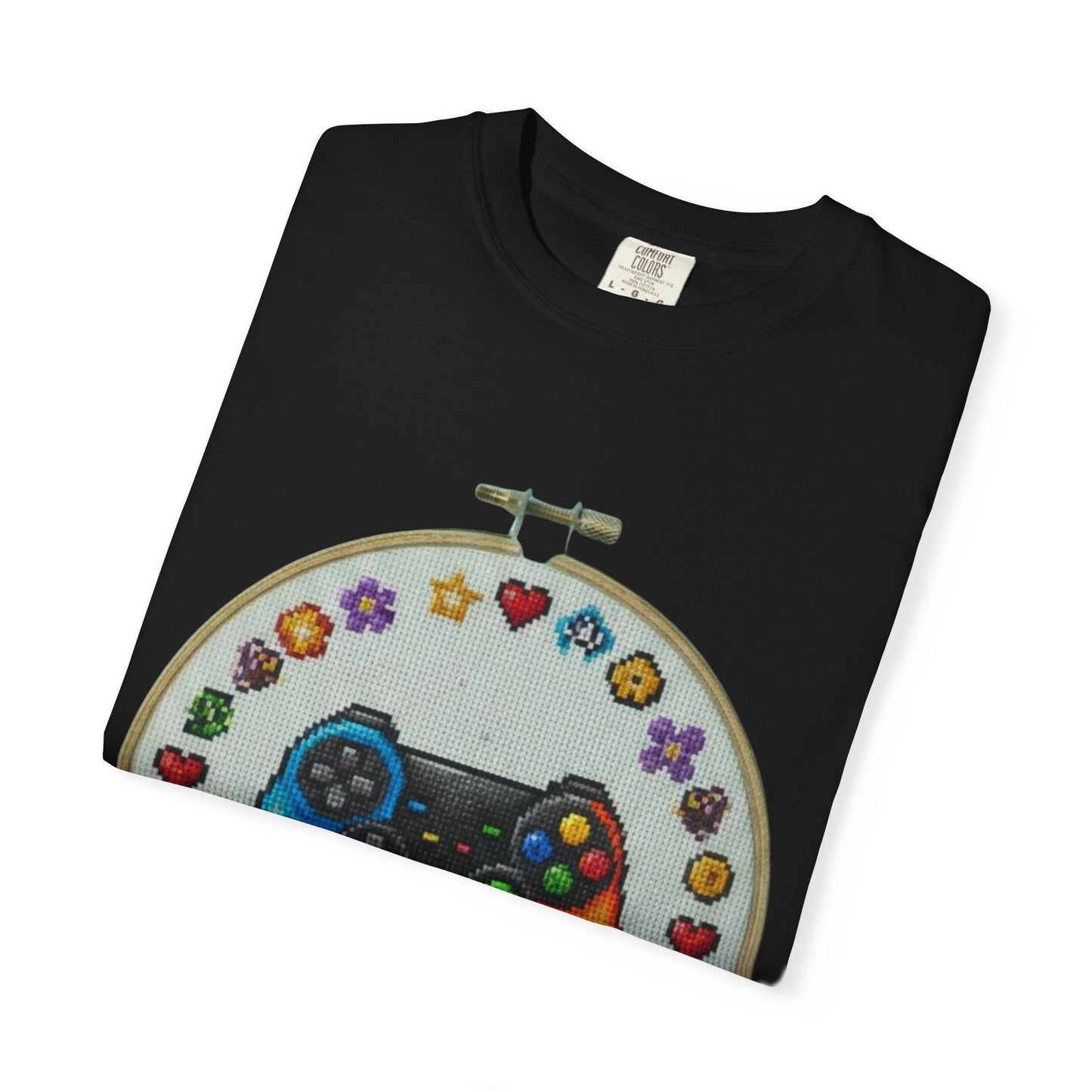 Rainbow Game Controller embroidery hoop T-Shirt | Gamer cross stitch design