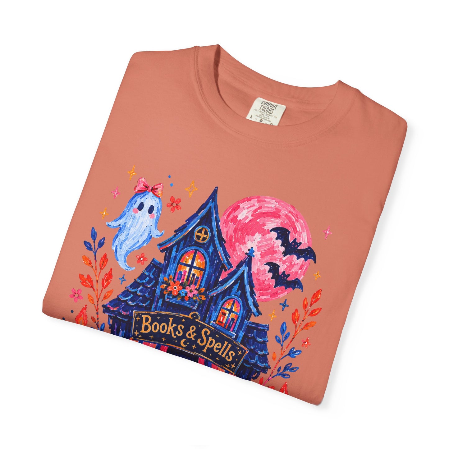 Books & Spells T-Shirt, Witchy Bookstore Halloween Shirt, Cozy Book Lover Tee, Black Cat Ghost Pumpkin Graphic, Booktok Fall Shirt