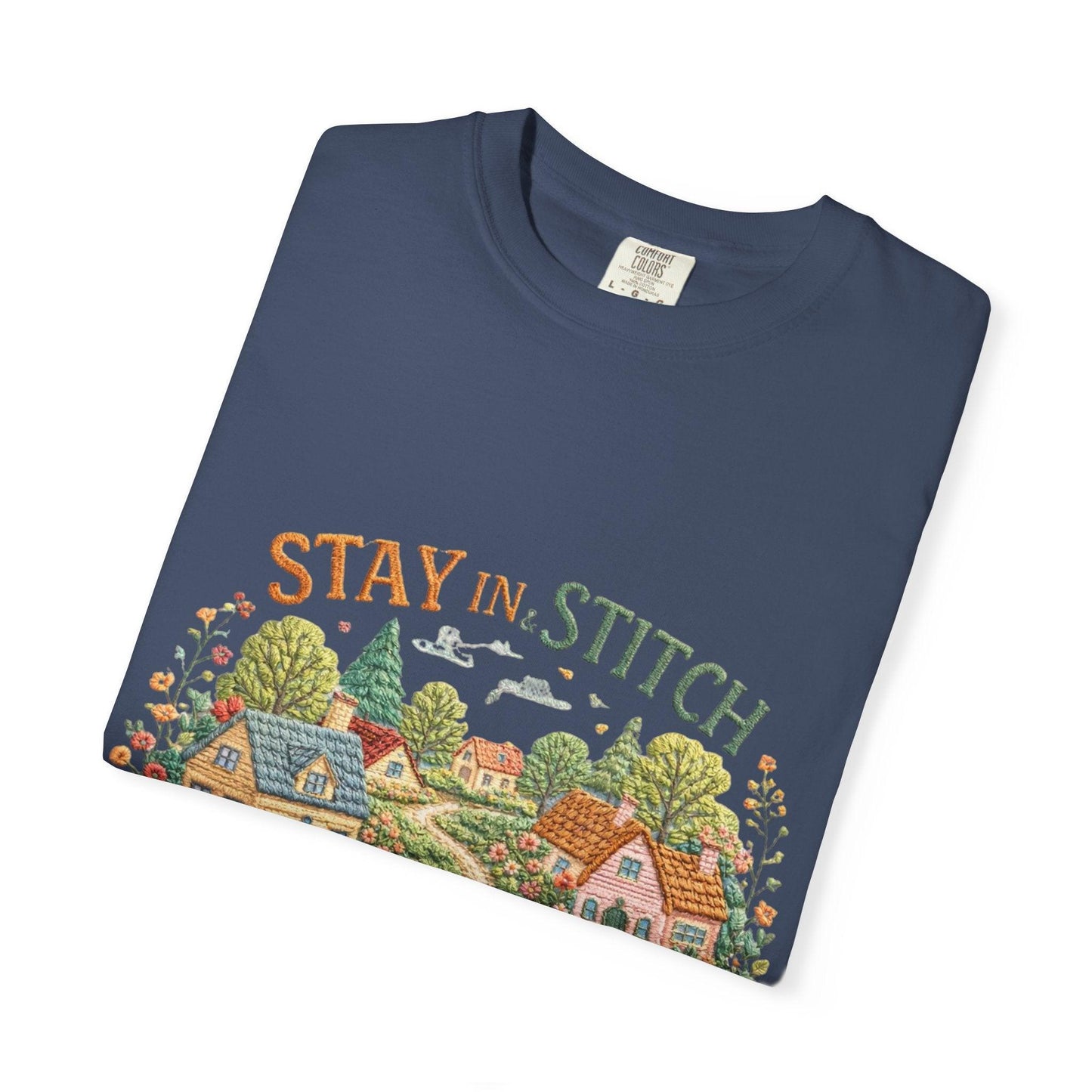 Stay In and Stitch Shirt, Cottagecore Sewing Tee, Grandma Hobbies Top, Vintage Cross Stitch Floral Village