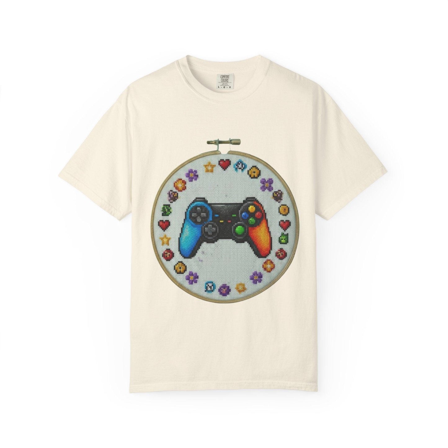 Rainbow Game Controller embroidery hoop T-Shirt | Gamer cross stitch design