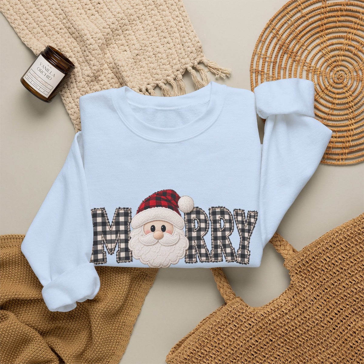 Merry Christmas Sweatshirt, Santa Christmas Crewneck, Plaid Holiday Sweater, Cute Santa Shirt, Cozy Christmas Gift for Her