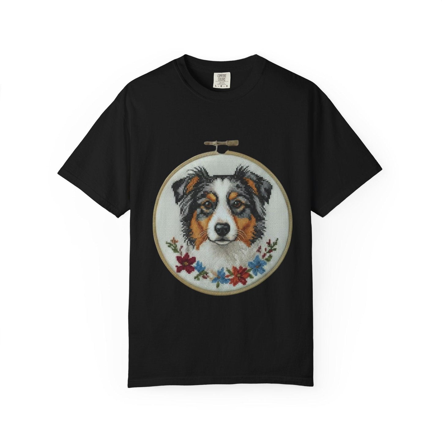 Australian Shepherd Portrait T-shirt | Embroidery Hoop Floral Design
