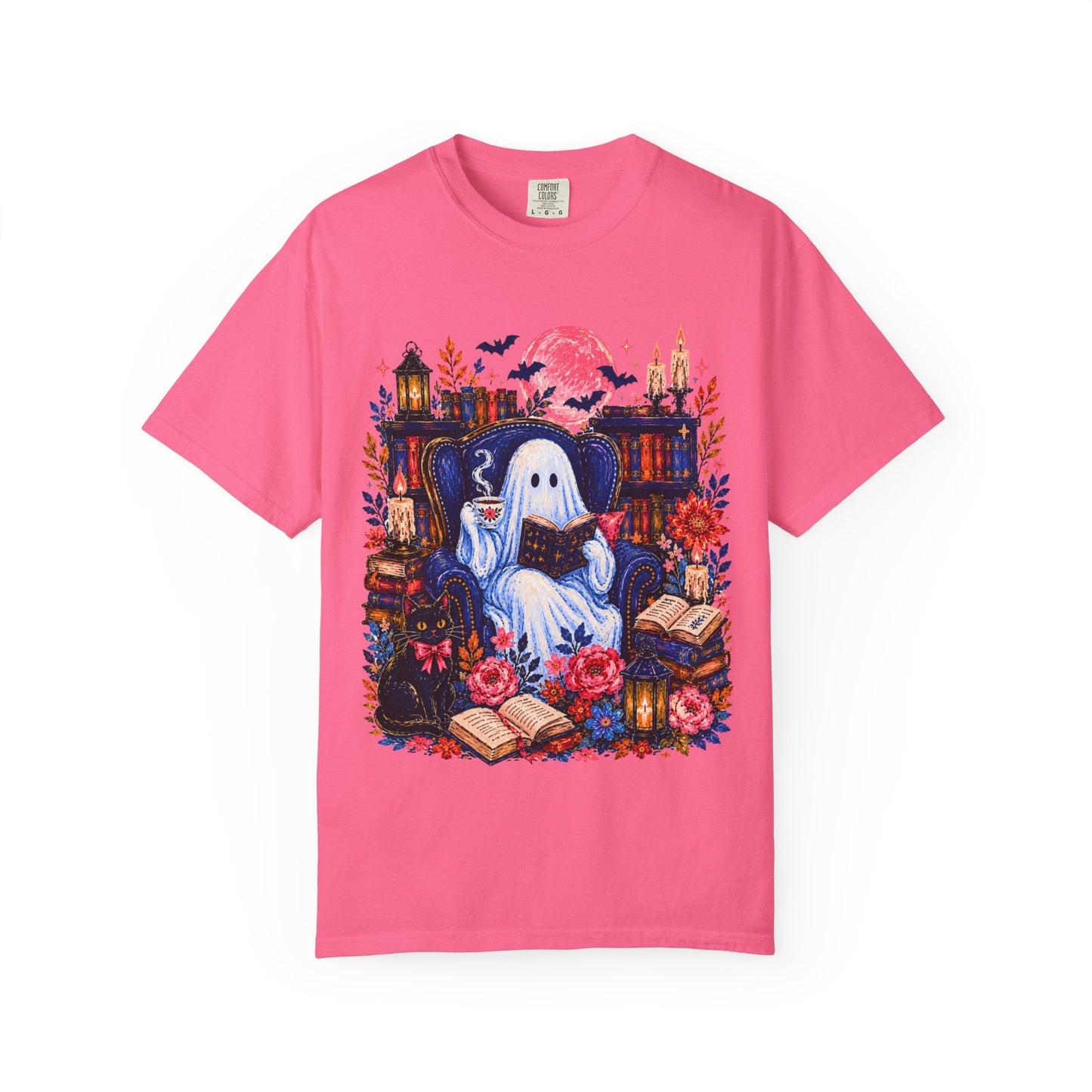 Cozy Reading Ghost T-Shirt | Bookish Halloween Illustration