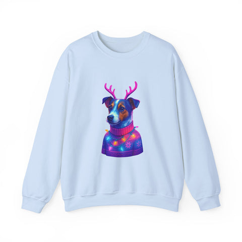 Neon Jack Russell in Reindeer Antlers Sweatshirt | Holiday Pet Portrait