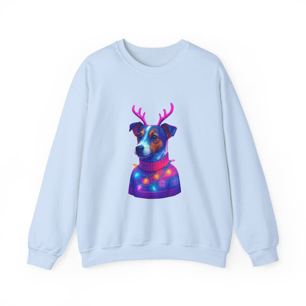 Neon Jack Russell in Reindeer Antlers Sweatshirt | Holiday Pet Portrait