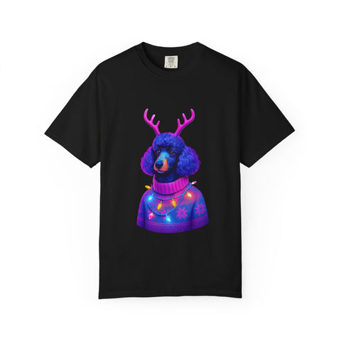 Poodle with Antlers in Light-Up Sweater T-Shirt | Neon Holiday Dog Design