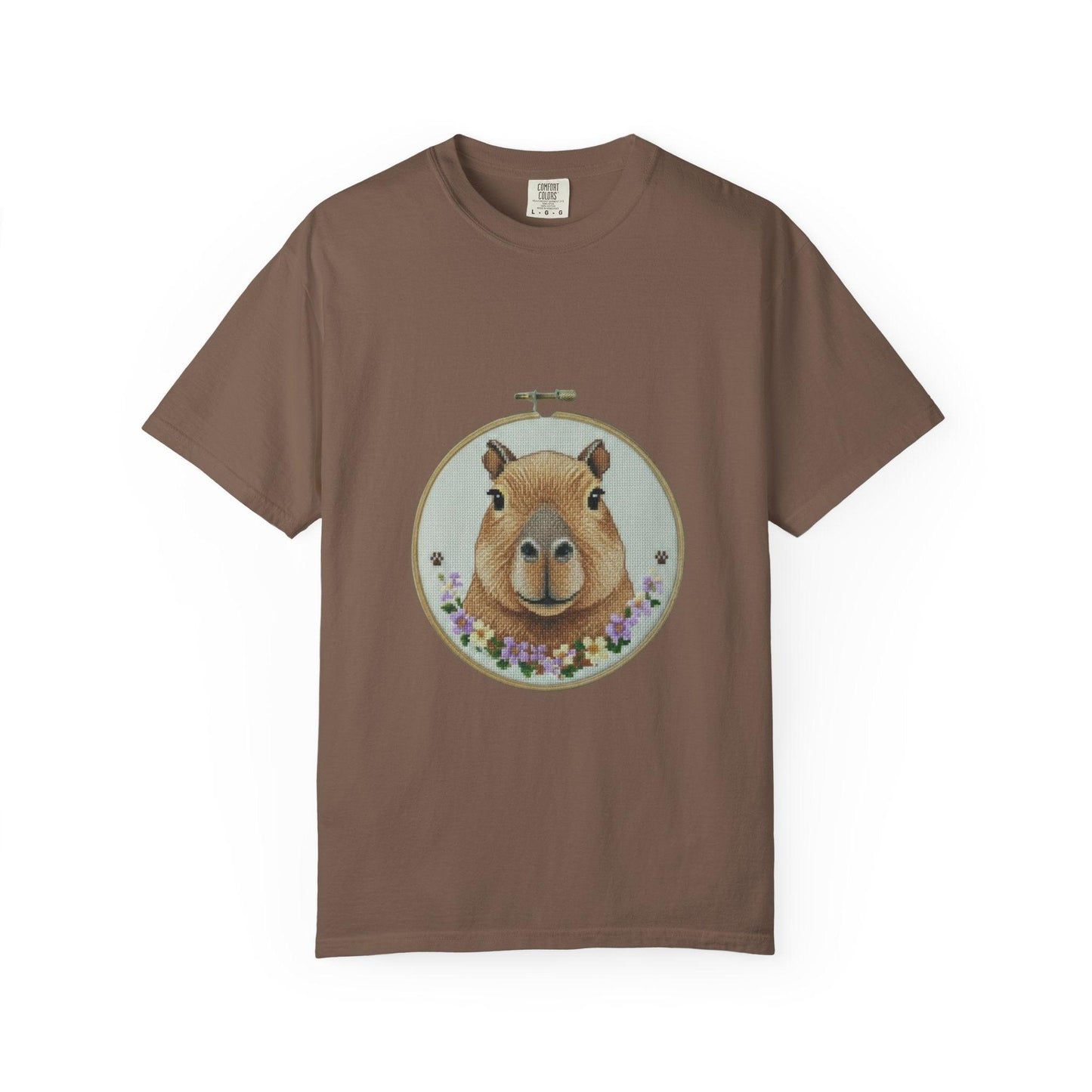 Capybara Portrait T-Shirt | Floral Embroidery Hoop Design