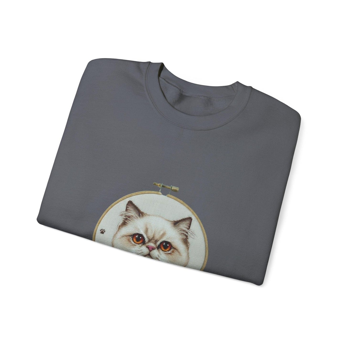 Grumpy Persian Cat Portrait Crewneck sweatshirt | Floral Embroidery Hoop Art