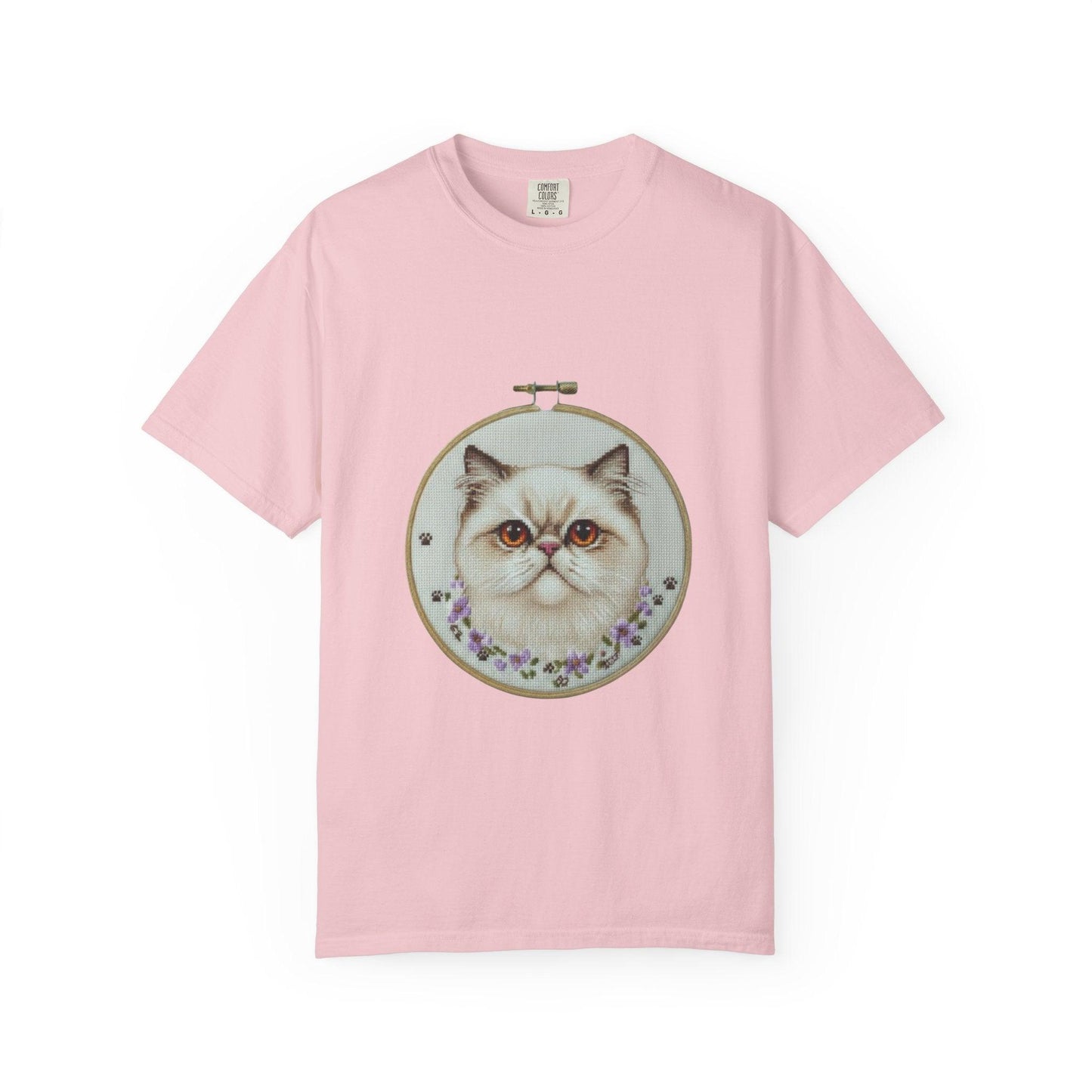 Persian Cat Portrait T-shirt | Embroidery Hoop Floral Illustration