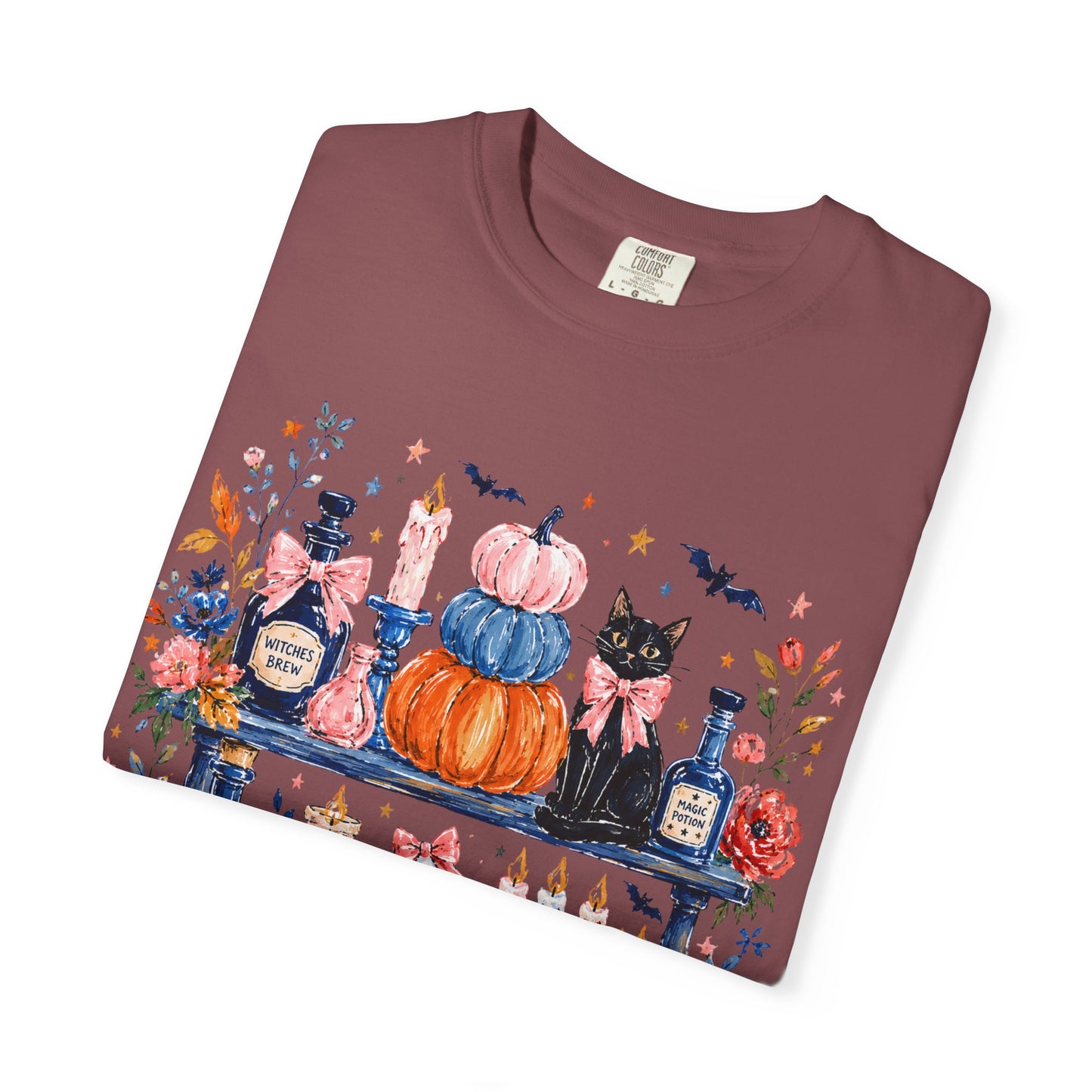 Autumn Apothecary Illustration T-shirt | Pumpkins, Black Cat, Potion Bottles