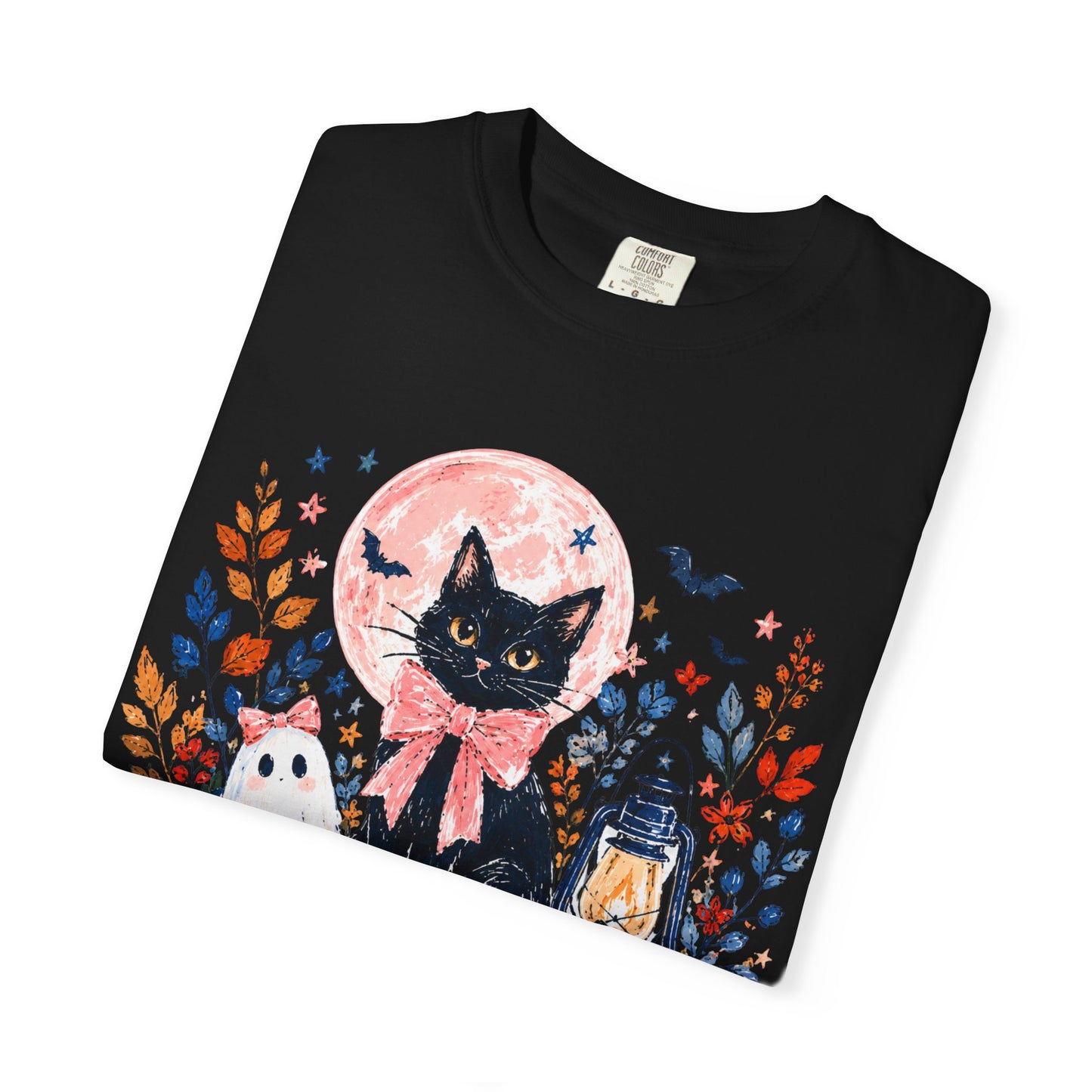 Black Cat with Pumpkins T-shirt | Halloween Moon Lantern Floral Design