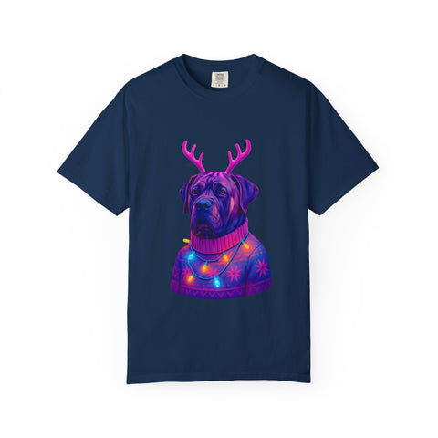 Neon English Mastiff Dog with Antlers T-Shirt | Christmas Sweater Lights Design