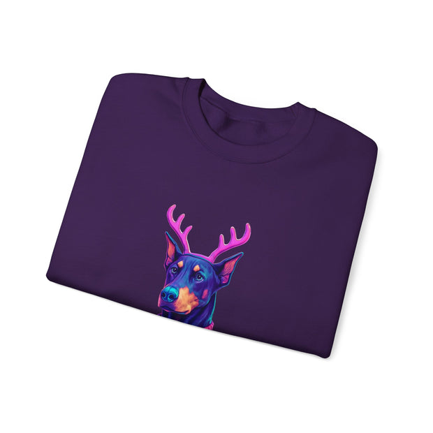 Vibrant Doberman Antlers Sweatshirt, Quirky Animal Crewneck, Cozy Holiday Gift, Fun Winter Apparel, Casual Style Top