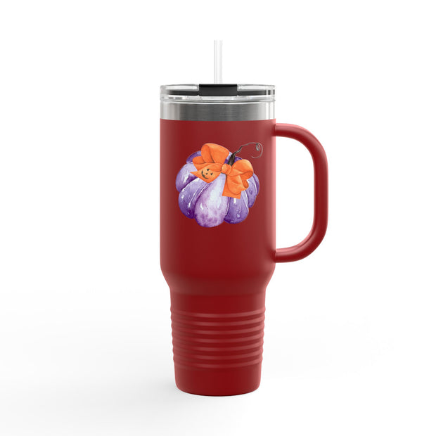 Purple Pumpkin Wrapped In A Bow Insulated Travel Mug, 40oz