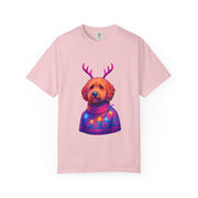 Golden Doodle in Reindeer Antler Sweater T-Shirt | Holiday Dog Portrait