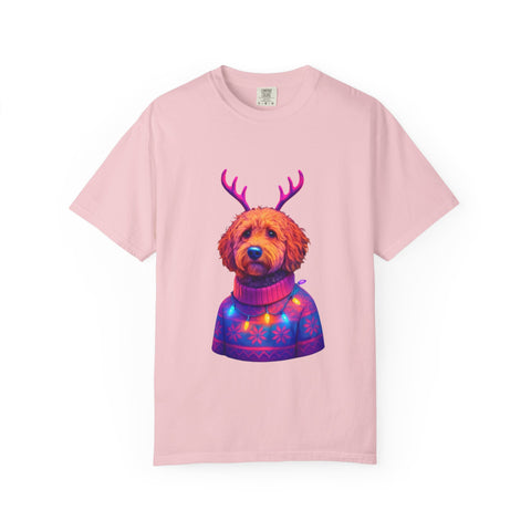 Golden Doodle in Reindeer Antler Sweater T-Shirt | Holiday Dog Portrait