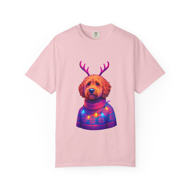 Golden Doodle in Reindeer Antler Sweater T-Shirt | Holiday Dog Portrait