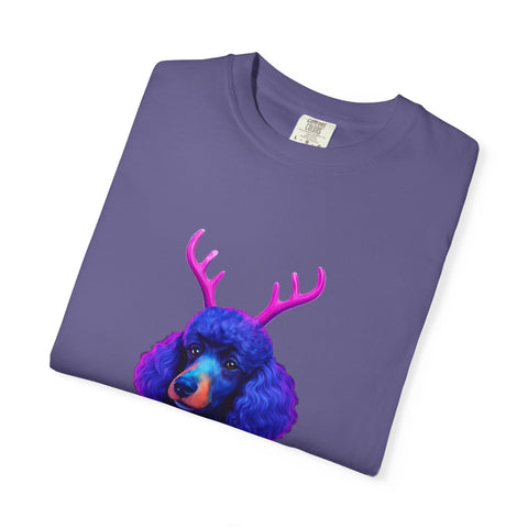 Poodle with Antlers in Light-Up Sweater T-Shirt | Neon Holiday Dog Design