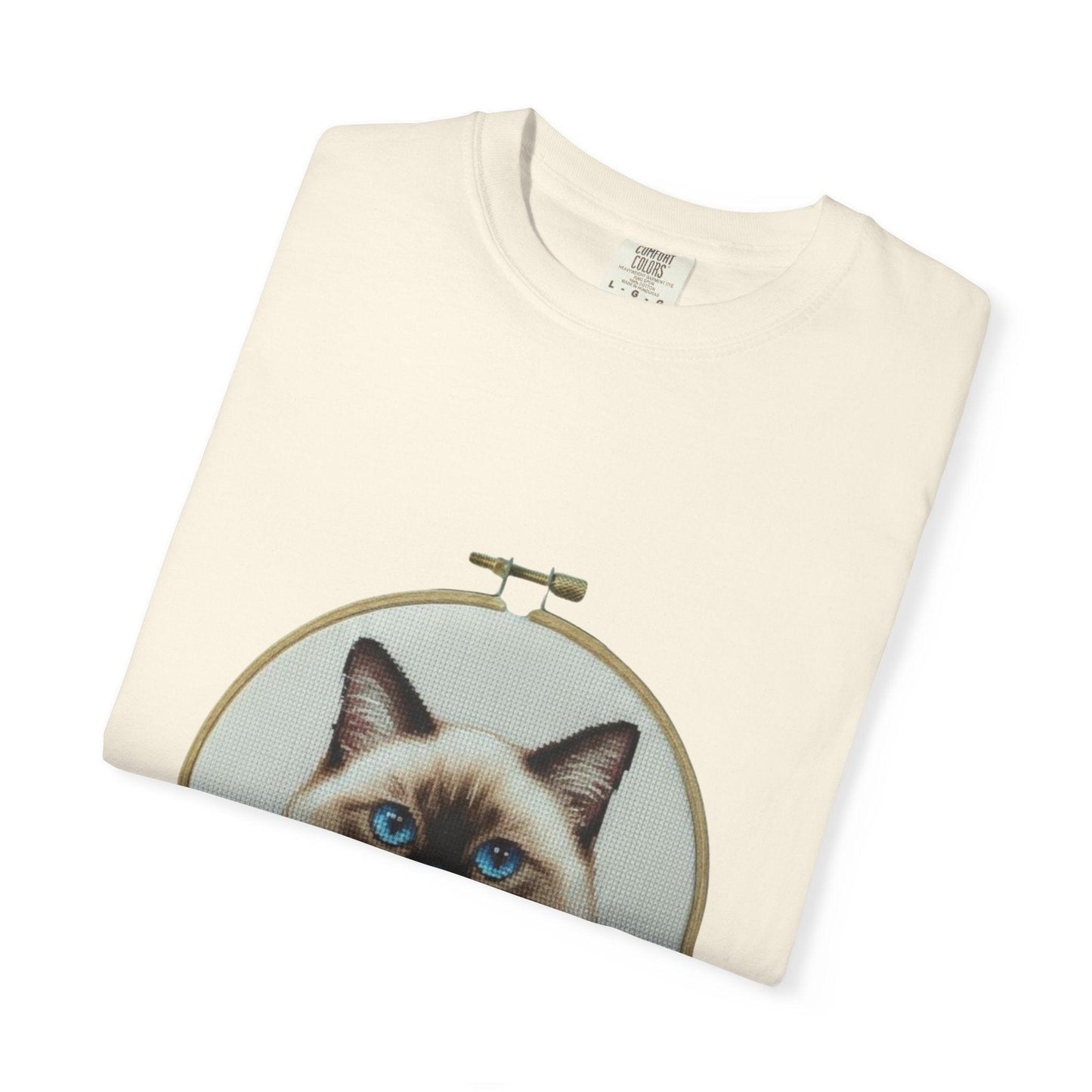 Blue-Eyed Siamese Cat Portrait T-Shirt | Embroidery Hoop Floral Design