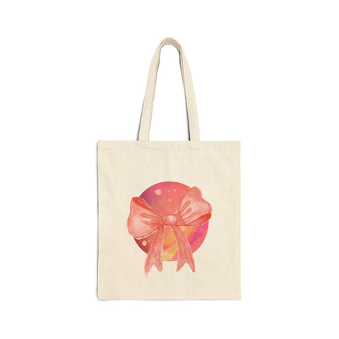 Pink/Yellow Planet Wrapped In A Bow Cotton Canvas Tote Bag