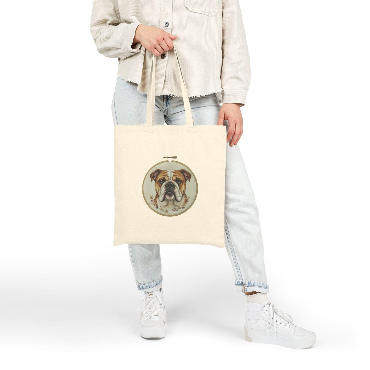 Bulldog Portrait Tote Bag | Embroidery Hoop Dog Illustration