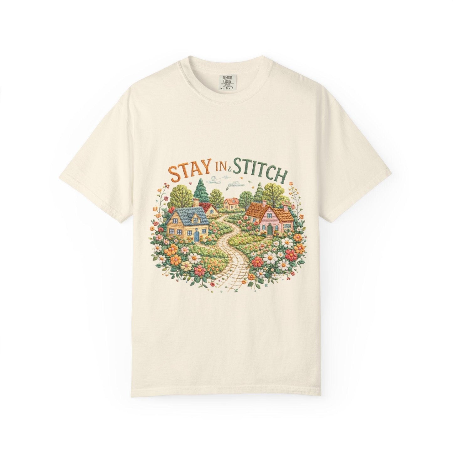 Stay In and Stitch Shirt, Cottagecore Sewing Tee, Grandma Hobbies Top, Vintage Cross Stitch Floral Village