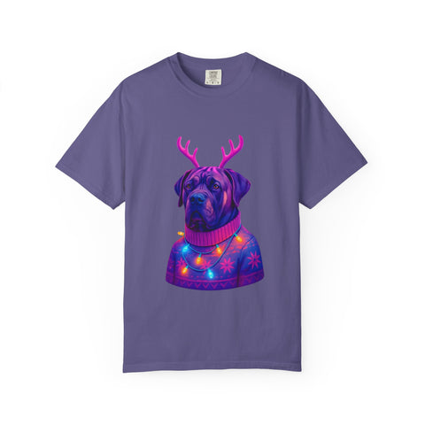 Neon English Mastiff Dog with Antlers T-Shirt | Christmas Sweater Lights Design