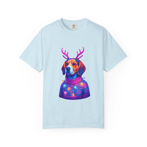 Neon Beagle in Reindeer Antlers T-Shirt | Christmas Dog Sweater Design