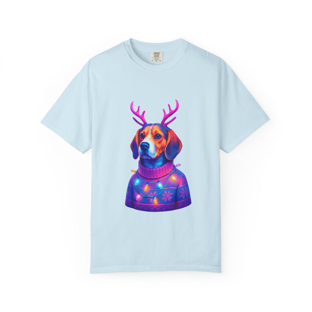 Neon Beagle in Reindeer Antlers T-Shirt | Christmas Dog Sweater Design