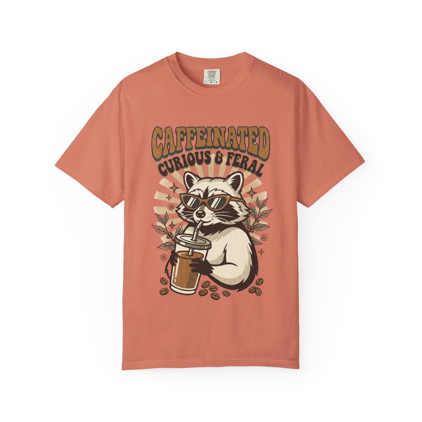Caffeinated Curious & Feral Raccoon T-Shirt, Funny Coffee Lover Raccoon Tee, Goblincore Animal Shirt, Nature Lover Gift