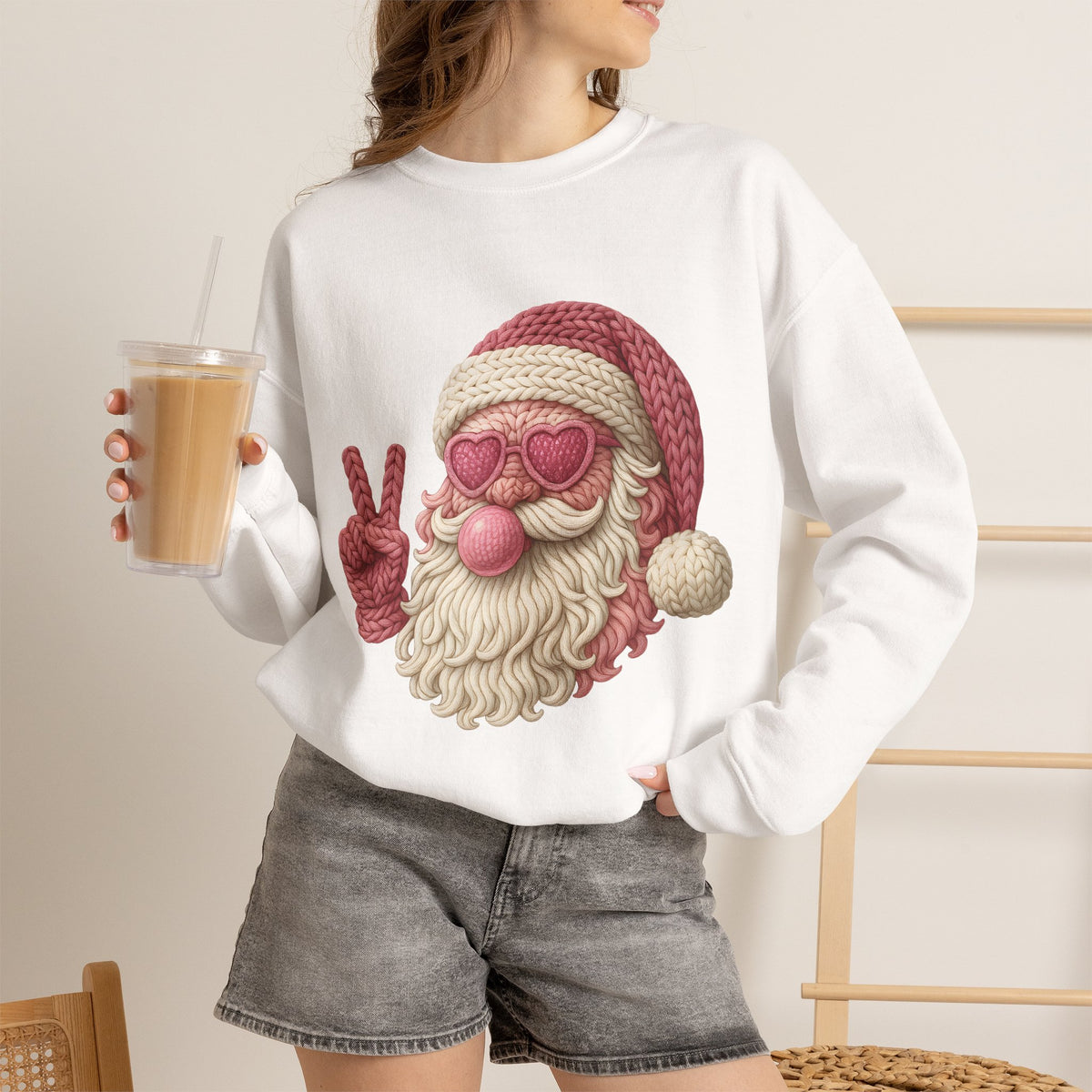 Pink Sunglasses Peace Sign Santa Sweatshirt | Retro Holiday Cozy
