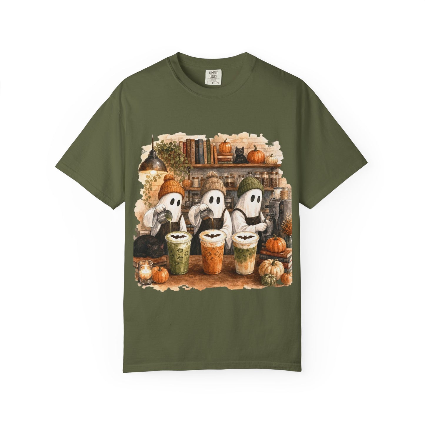 Ghost Trio with Pumpkin Lattes T-Shirt, Cute Halloween Coffee Shirt, Cozy Fall Ghost Tee, Pumpkin Spice Graphic, Autumn Coffee Lover Gift
