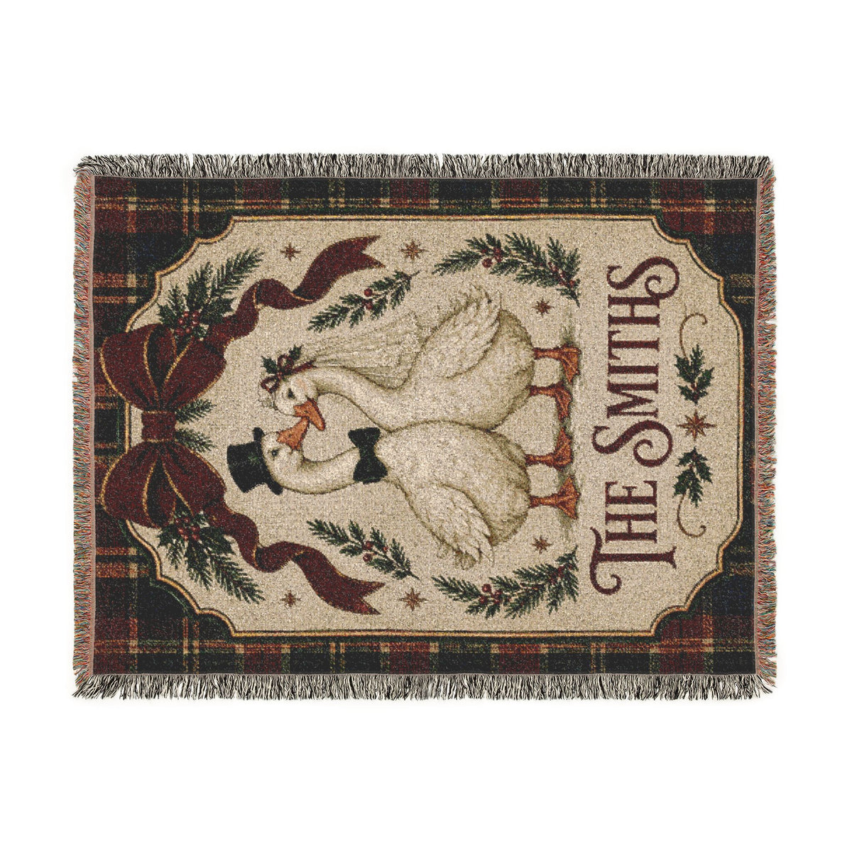 Personalized Christmas Goose Woven Blanket, Custom Family Name Tartan Plaid Throw, Married Silly Goose Newlywed Wedding Gift