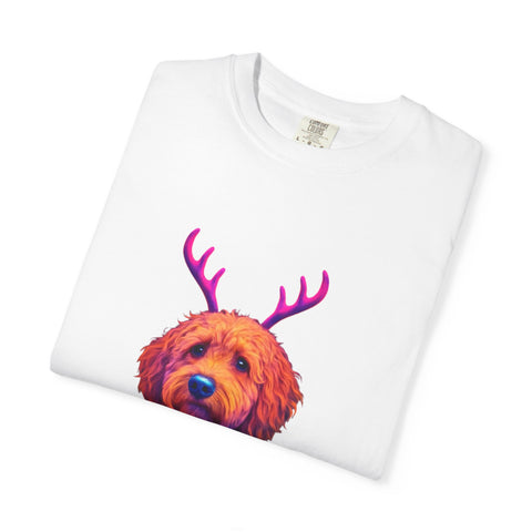 Golden Doodle in Reindeer Antler Sweater T-Shirt | Holiday Dog Portrait