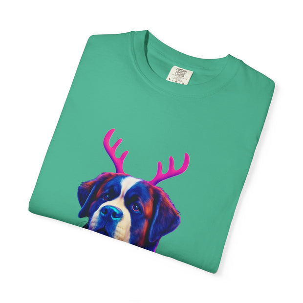 Saint Bernard in Reindeer Antlers T-Shirt | Holiday Dog Sweater Design