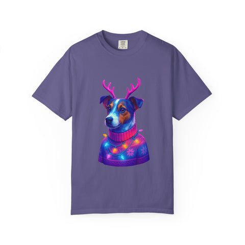 Jack Russell in Reindeer Sweater T-shirt | Neon Holiday Dog Design